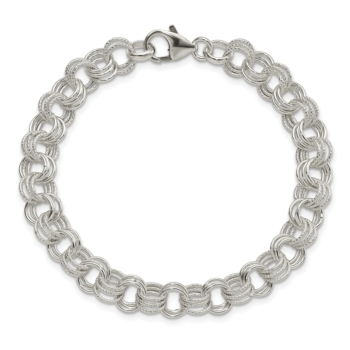 Sterling Silver Polished and Textured 8mm Solid Triple Link 7.5 inch Charm Bracelet