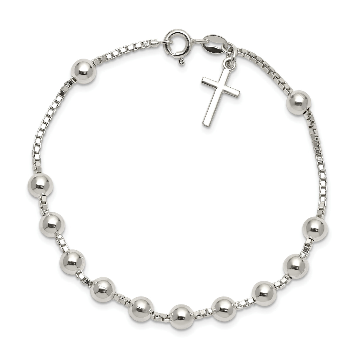 Cross Station Bead Bracelet in Sterling Silver, 9mm, 7.2 Inch - Sophia Jewelers