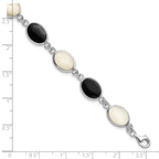 Sterling Silver Rhodium-plated Oval Onyx and Mother of Pearl 7 inch Bracelet