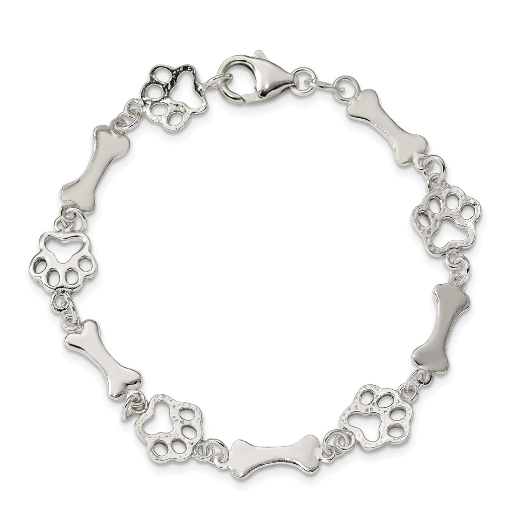 Sterling Silver Polished Dog Bones and Paws 7.5 inch Bracelet