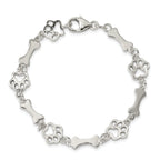 Sterling Silver Polished Dog Bones and Paws 7.5 inch Bracelet