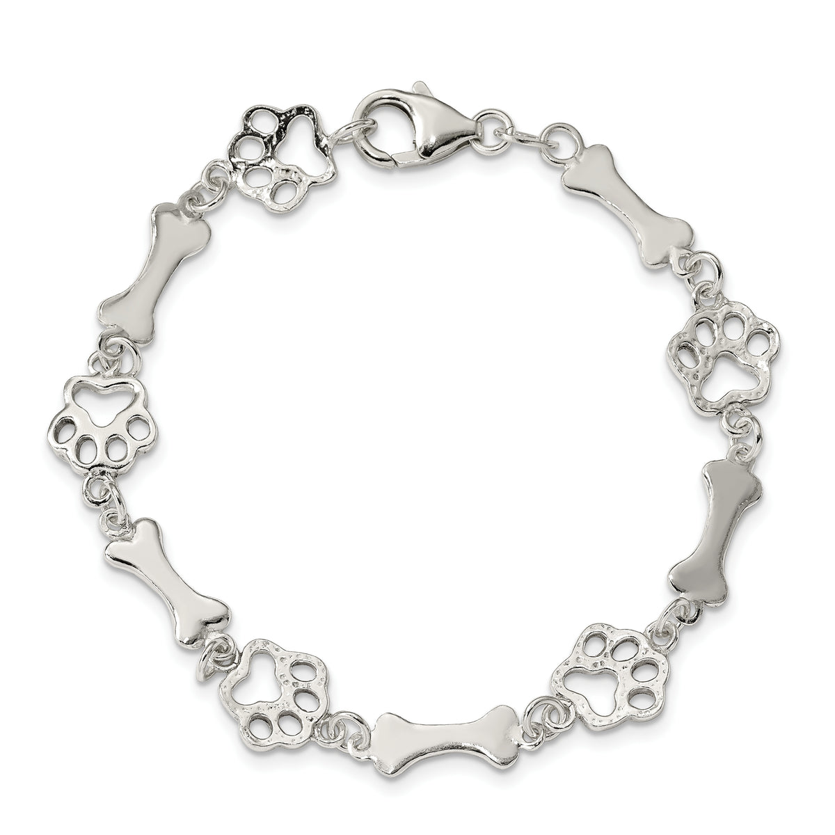 Sterling Silver Polished Dog Bones and Paws 7.5 inch Bracelet