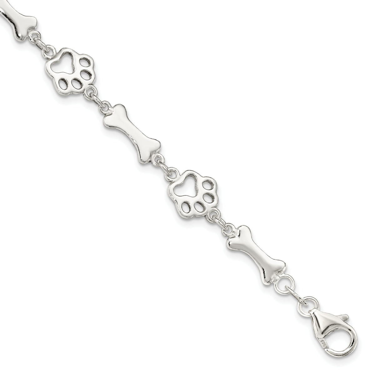 Dog Bone & Paw Charm Bracelet in Sterling Silver, 9mm - Sophia Jewelers Main image