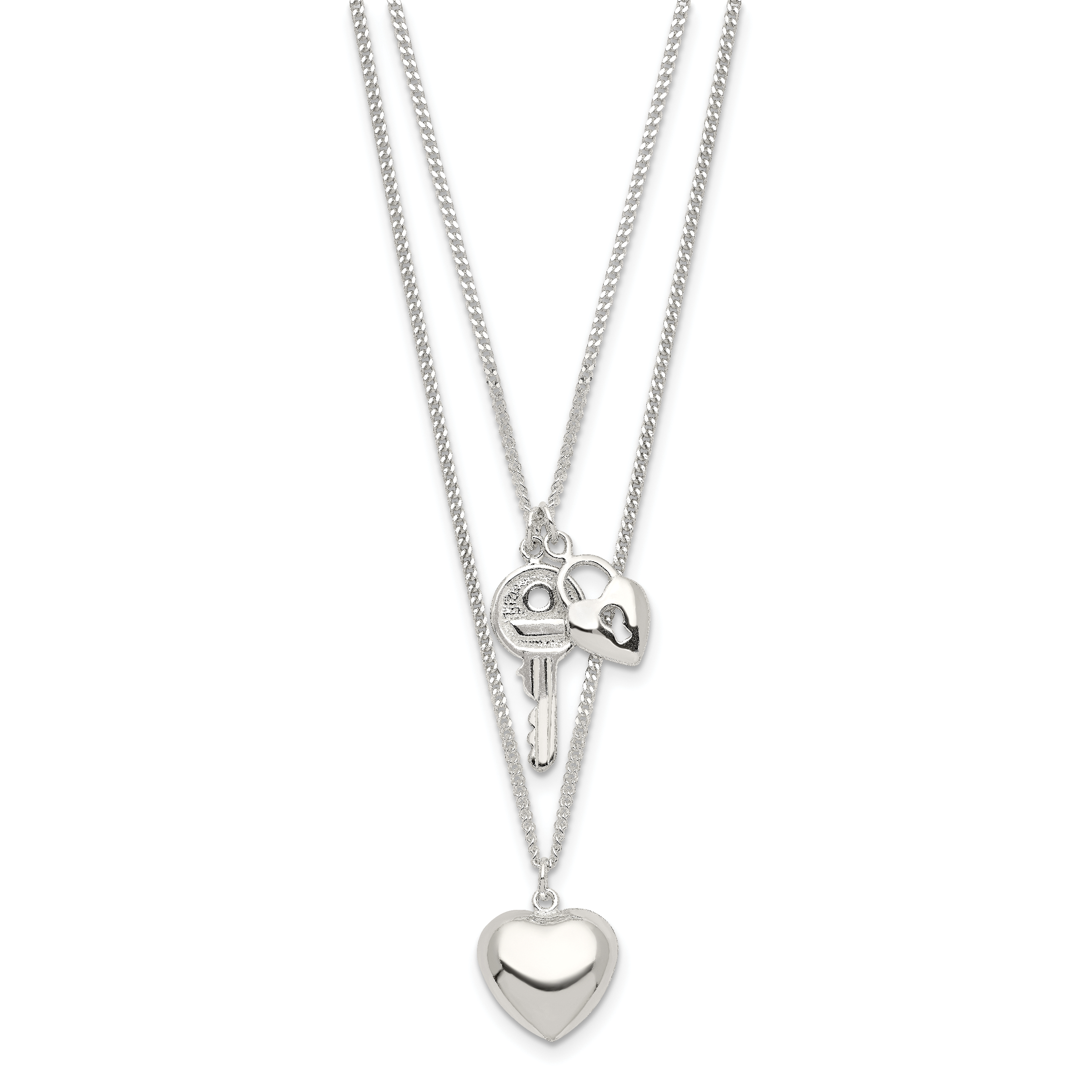 Sterling Silver 2-Strand Heart and Key Necklace Secondary image