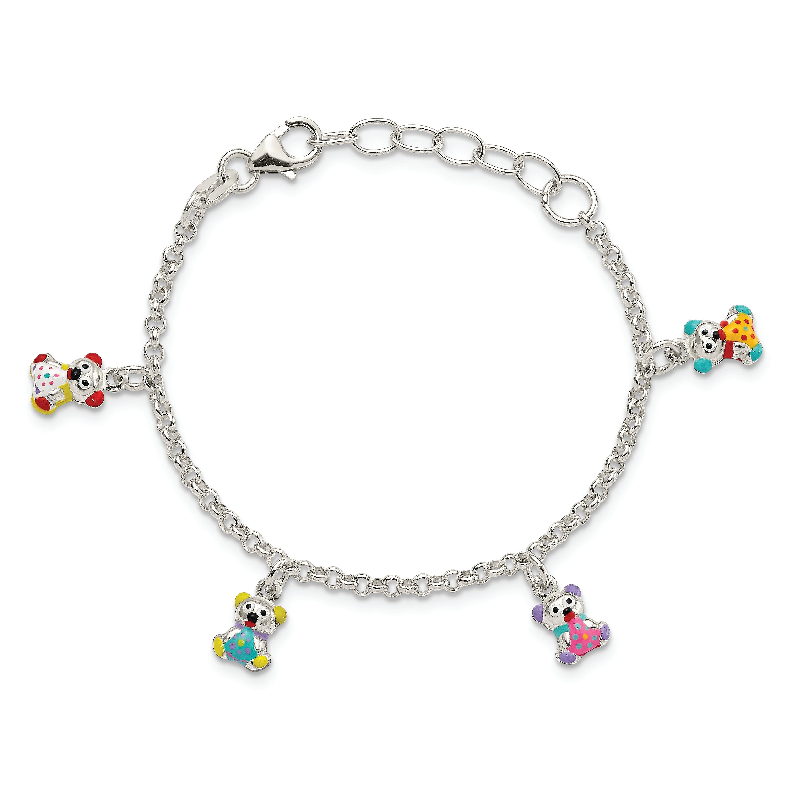 Sterling Silver Multi-color Enameled Bears With  1in ext Children's Bracelet