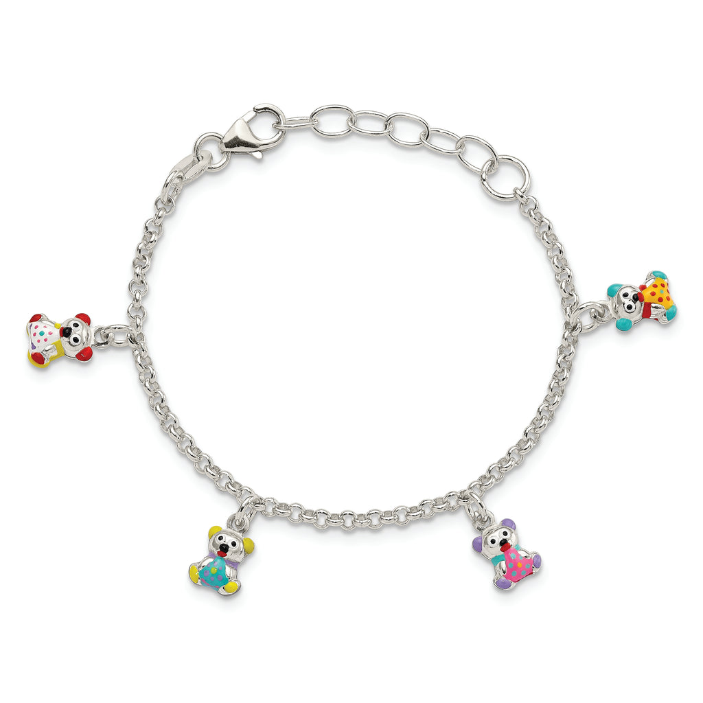 Sterling Silver Multi-color Enameled Bears With  1in ext Children's Bracelet