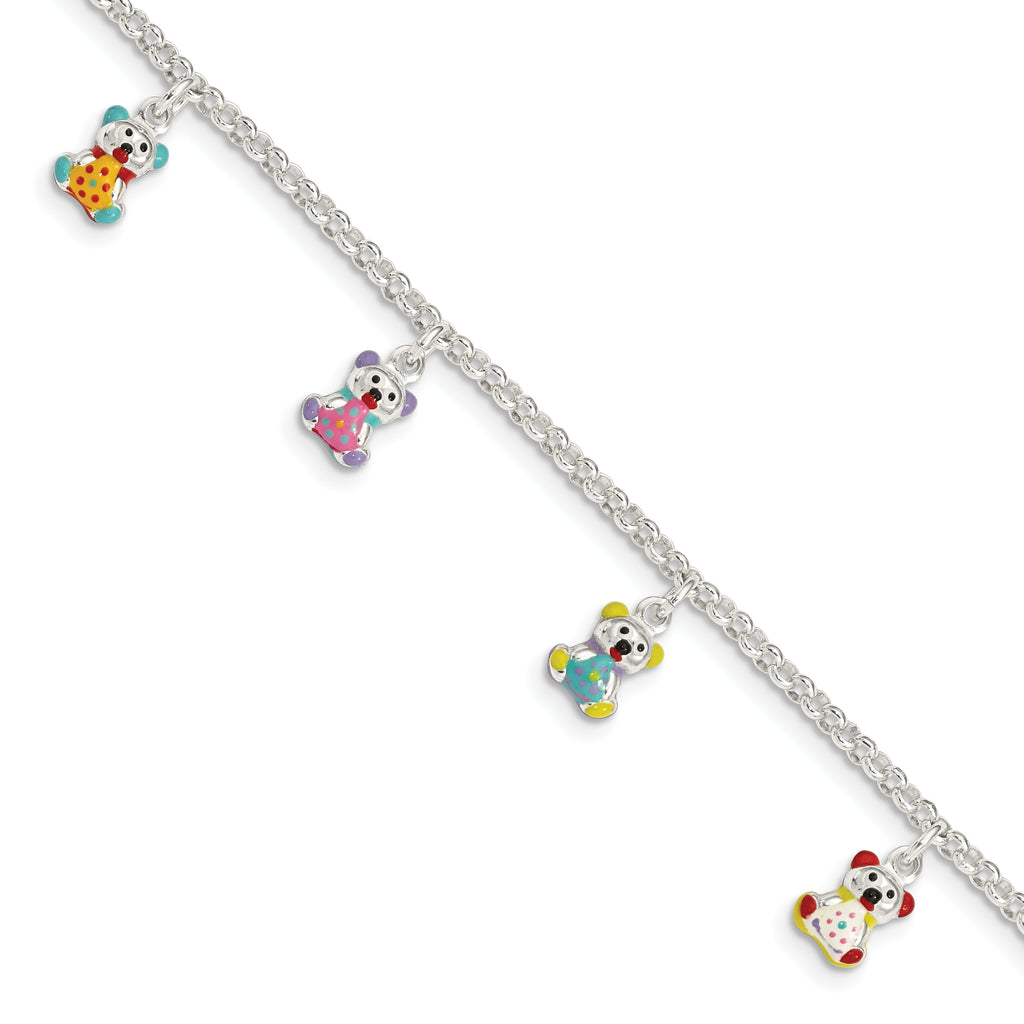 Sterling Silver Multi-color Enameled Bears With  1in ext Children's Bracelet