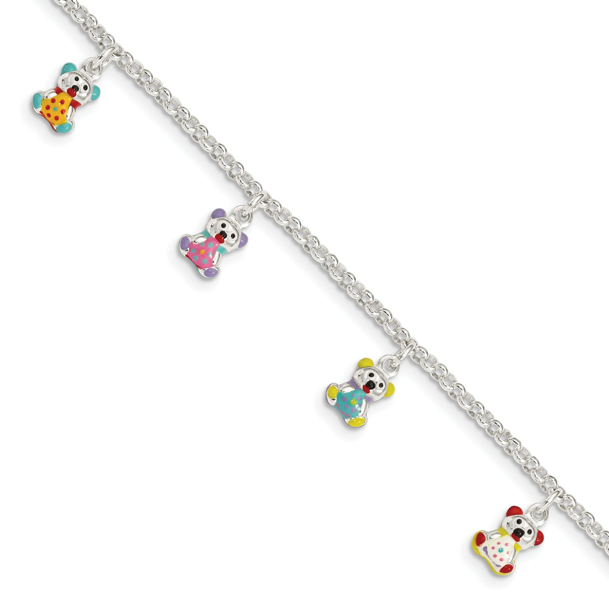 Sterling Silver Multi-color Enameled Bears With  1in ext Children's Bracelet