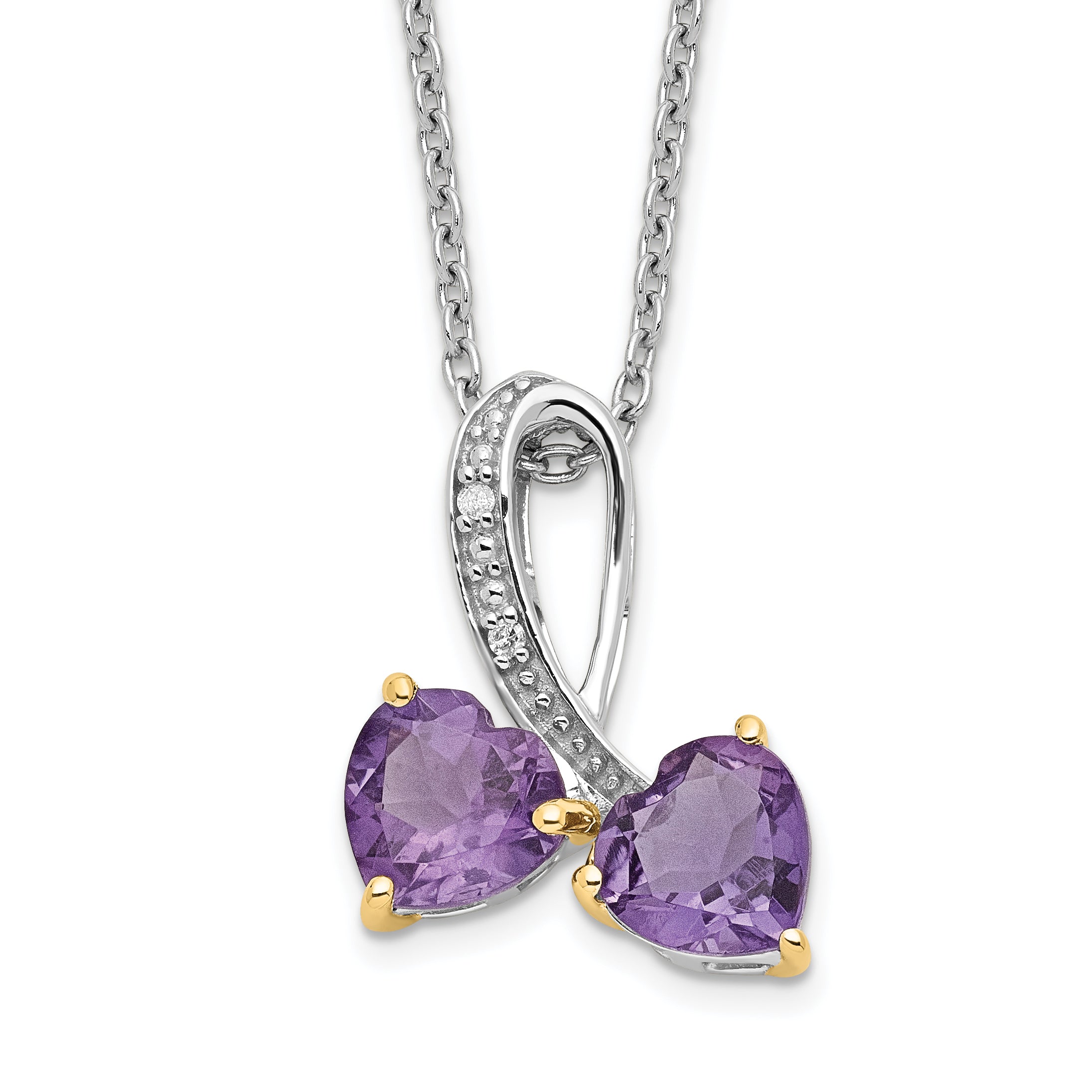 Brilliant Gemstones Sterling Silver with 14K Accent Rhodium-plated Amethyst and Diamond Heart 18 Inch Necklace with 2 Inch Extender Main image