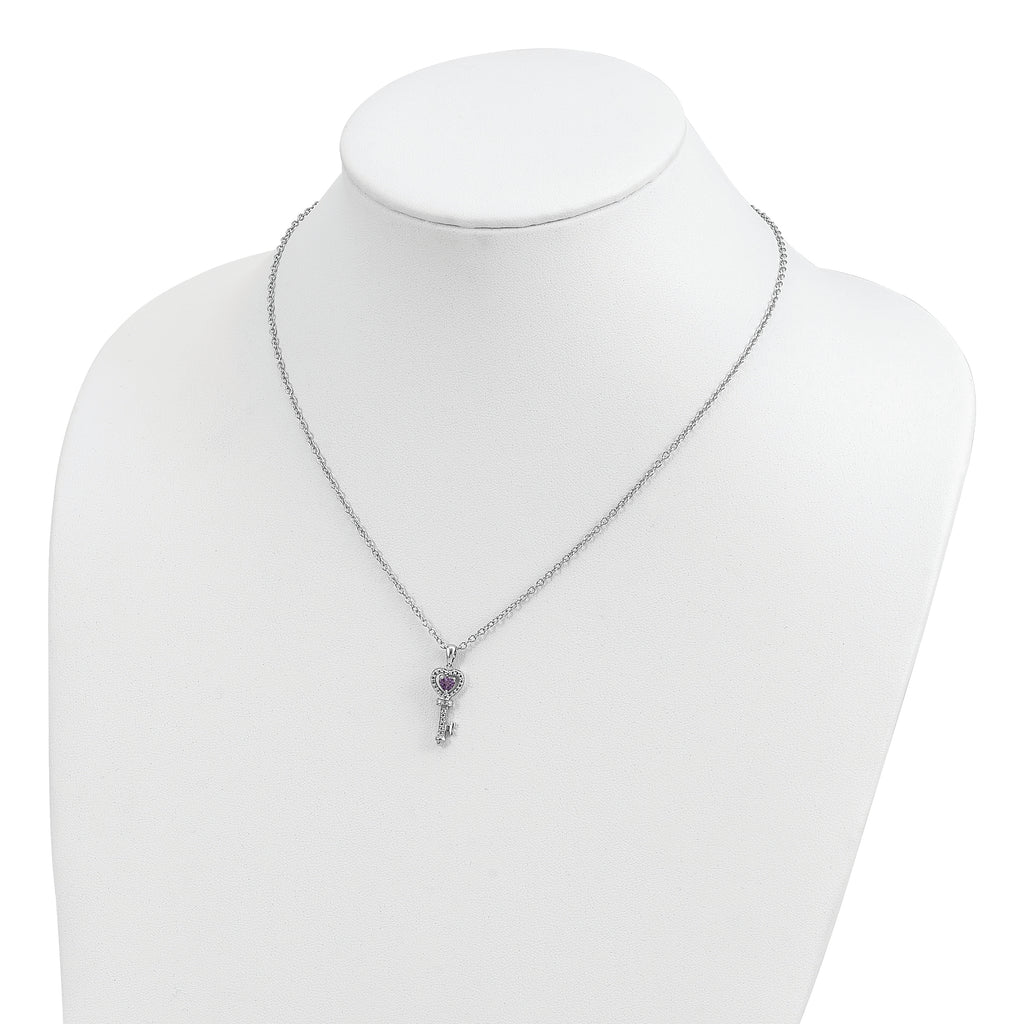 Brilliant Gemstones Sterling Silver with 14K Accent Rhodium-plated Amethyst and Diamond Key 18 Inch Necklace with 2 Inch Extender