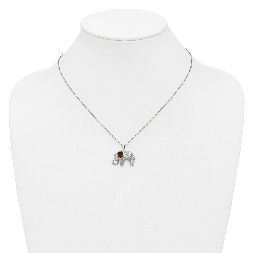 Brilliant Gemstones Sterling Silver with 14K Accent Rhodium-plated Garnet and Diamond Elephant 18 Inch Necklace with 2 Inch Extender