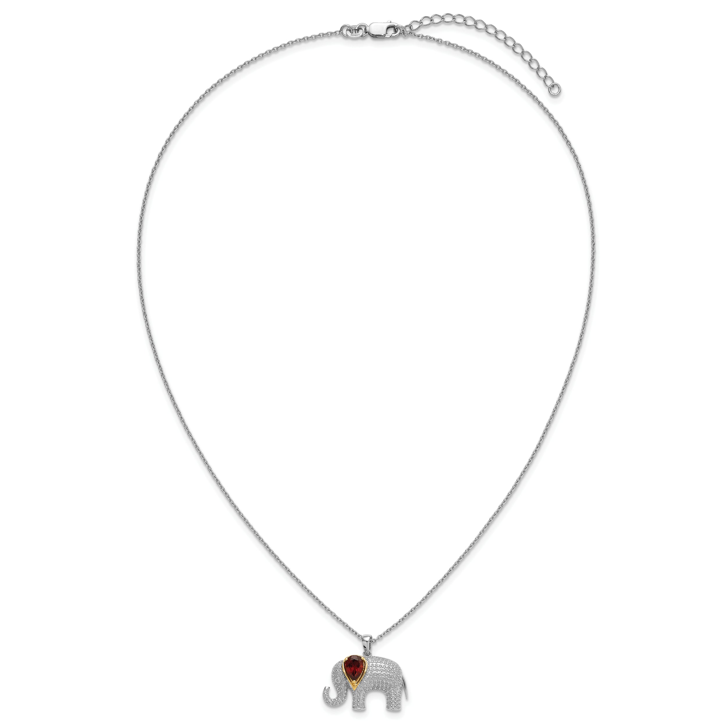 Brilliant Gemstones Sterling Silver with 14K Accent Rhodium-plated Garnet and Diamond Elephant 18 Inch Necklace with 2 Inch Extender