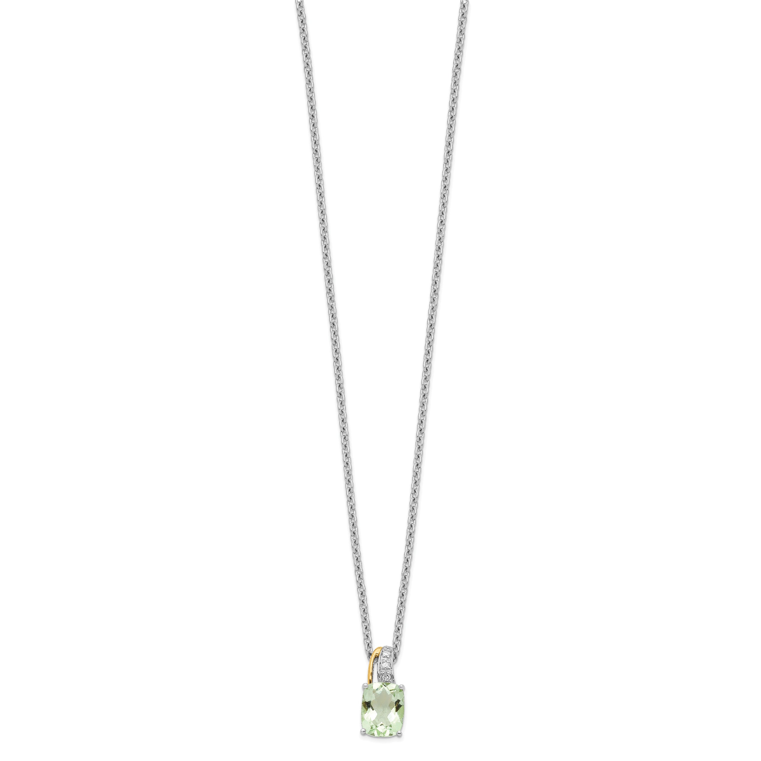Brilliant Gemstones Sterling Silver with 14K Accent Rhodium-plated Green Quartz and Diamond 18 Inch Necklace with 2 Inch Extender