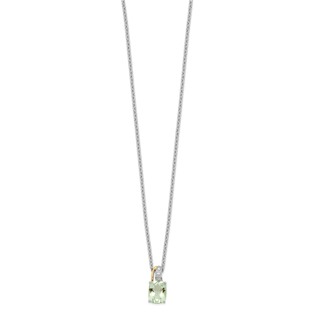 Brilliant Gemstones Sterling Silver with 14K Accent Rhodium-plated Green Quartz and Diamond 18 Inch Necklace with 2 Inch Extender