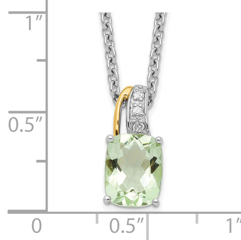 Brilliant Gemstones Sterling Silver with 14K Accent Rhodium-plated Green Quartz and Diamond 18 Inch Necklace with 2 Inch Extender