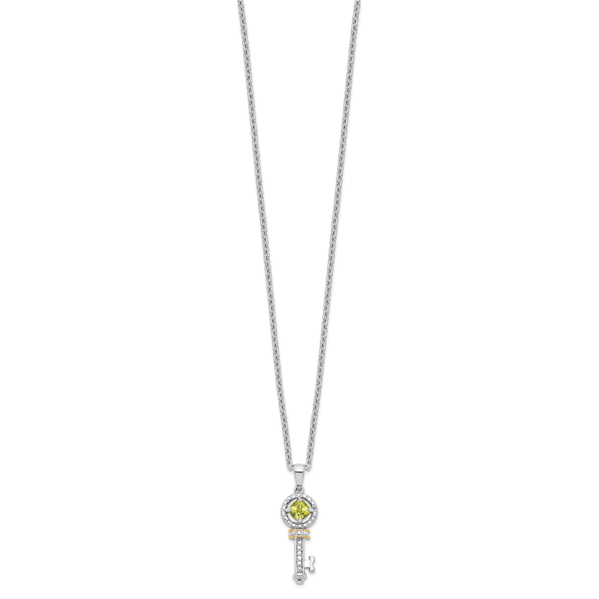 Brilliant Gemstones Sterling Silver with 14K Accent Rhodium-plated Peridot and Diamond Key 18 Inch Necklace with 2 Inch Extender