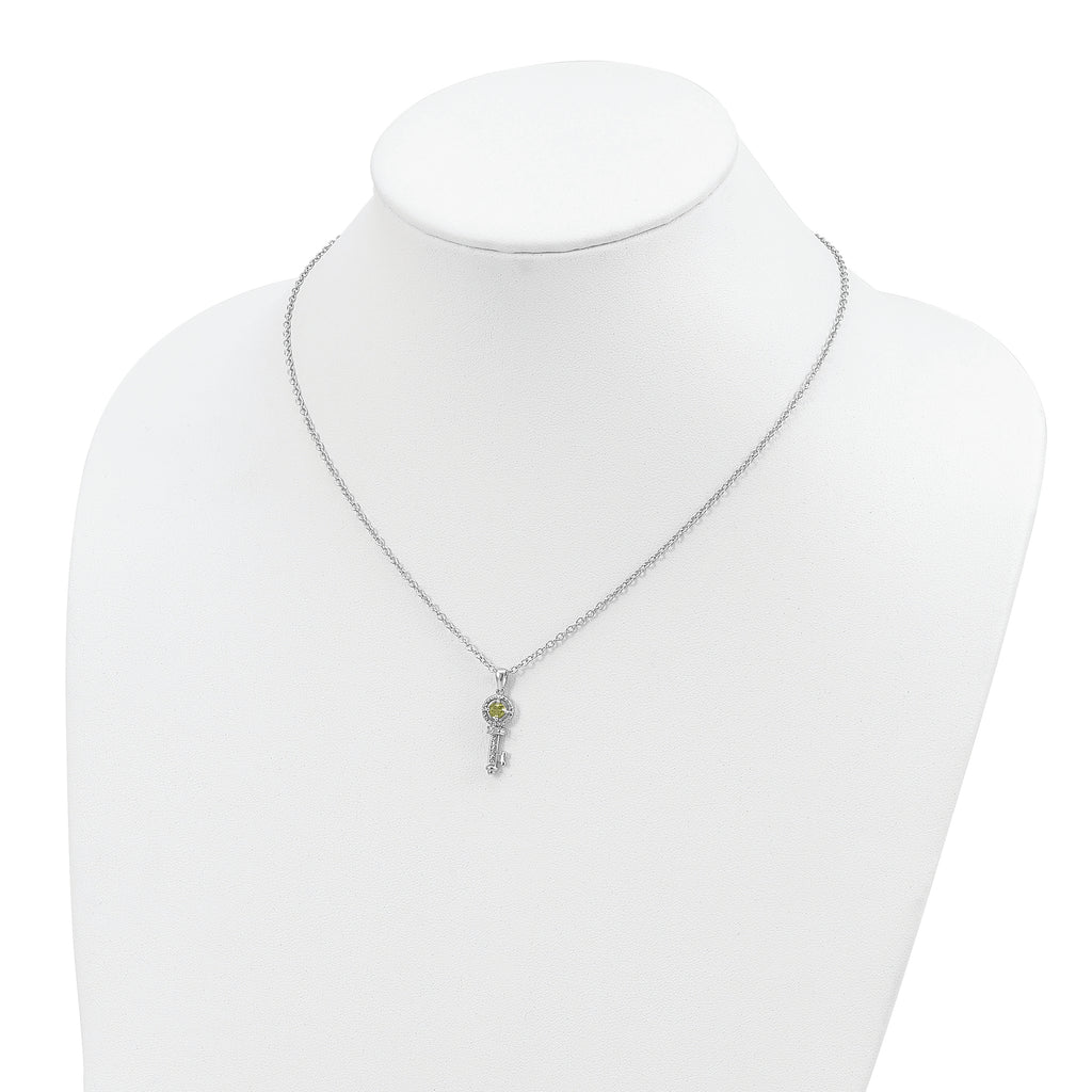 Brilliant Gemstones Sterling Silver with 14K Accent Rhodium-plated Peridot and Diamond Key 18 Inch Necklace with 2 Inch Extender