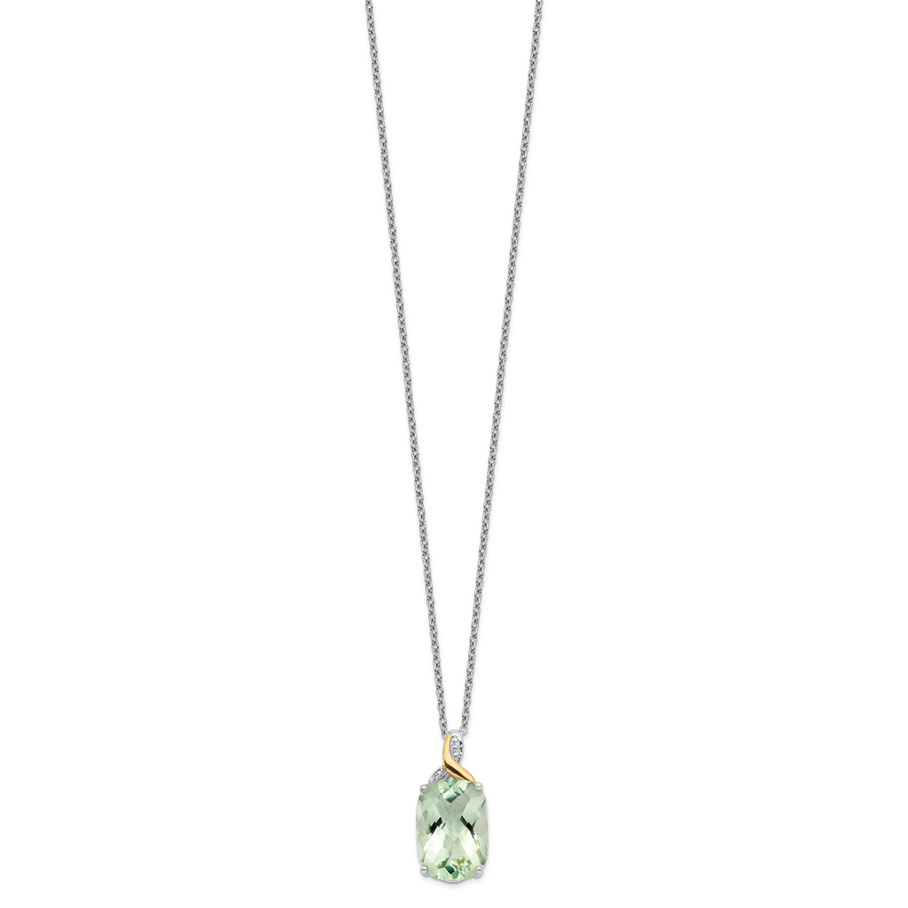 Brilliant Gemstones Sterling Silver with 14K Accent Rhodium-plated Green Quartz and Diamond 18 Inch Necklace with 2 Inch Extender