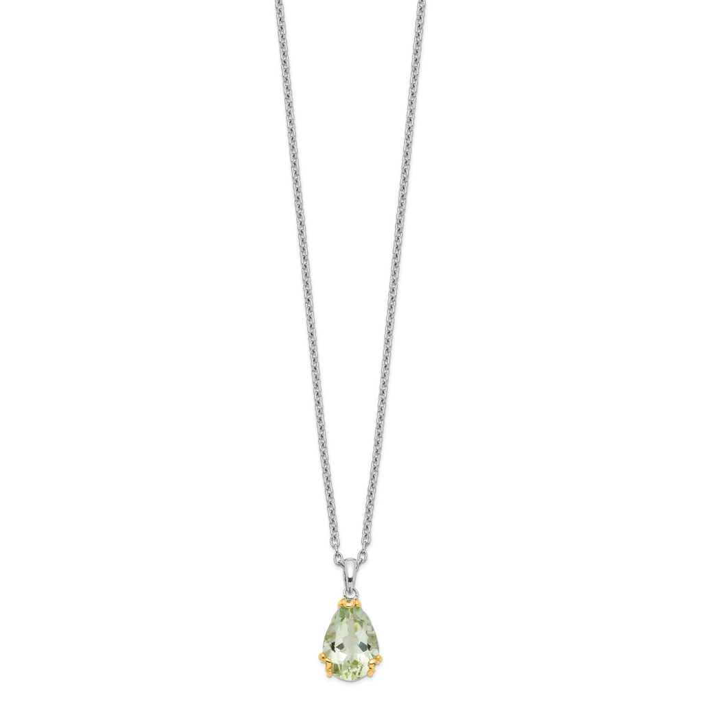 Brilliant Gemstones Sterling Silver with 14K Accent Rhodium-plated Green Quartz 18 Inch Necklace with 2 Inch Extender