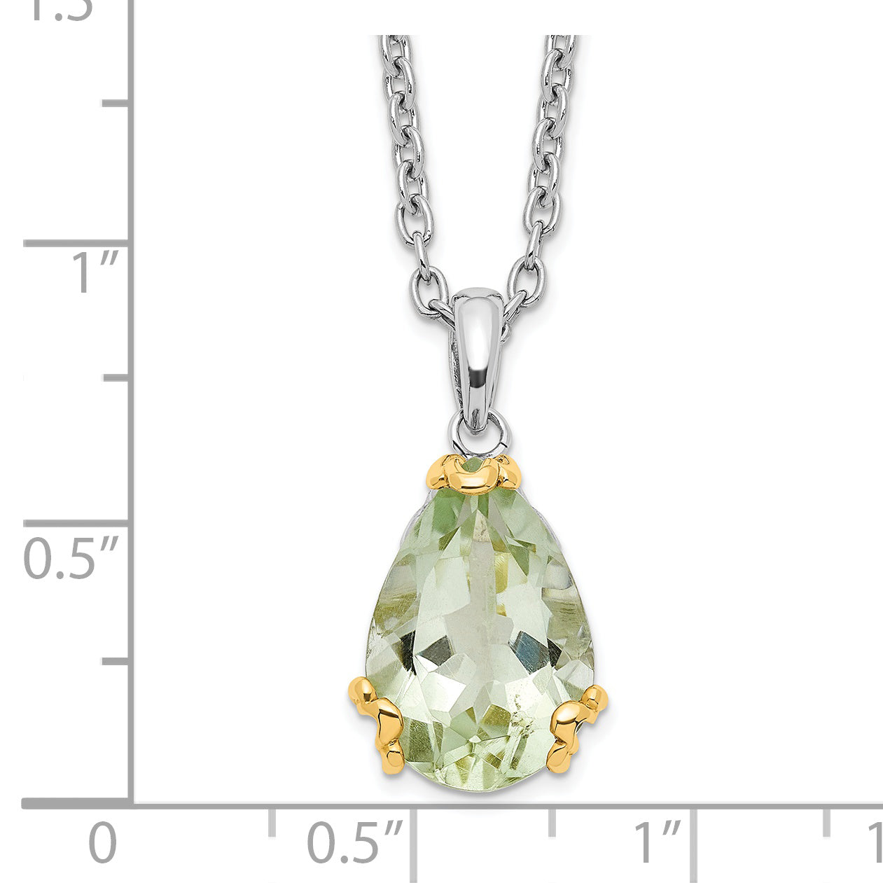 Brilliant Gemstones Sterling Silver with 14K Accent Rhodium-plated Green Quartz 18 Inch Necklace with 2 Inch Extender