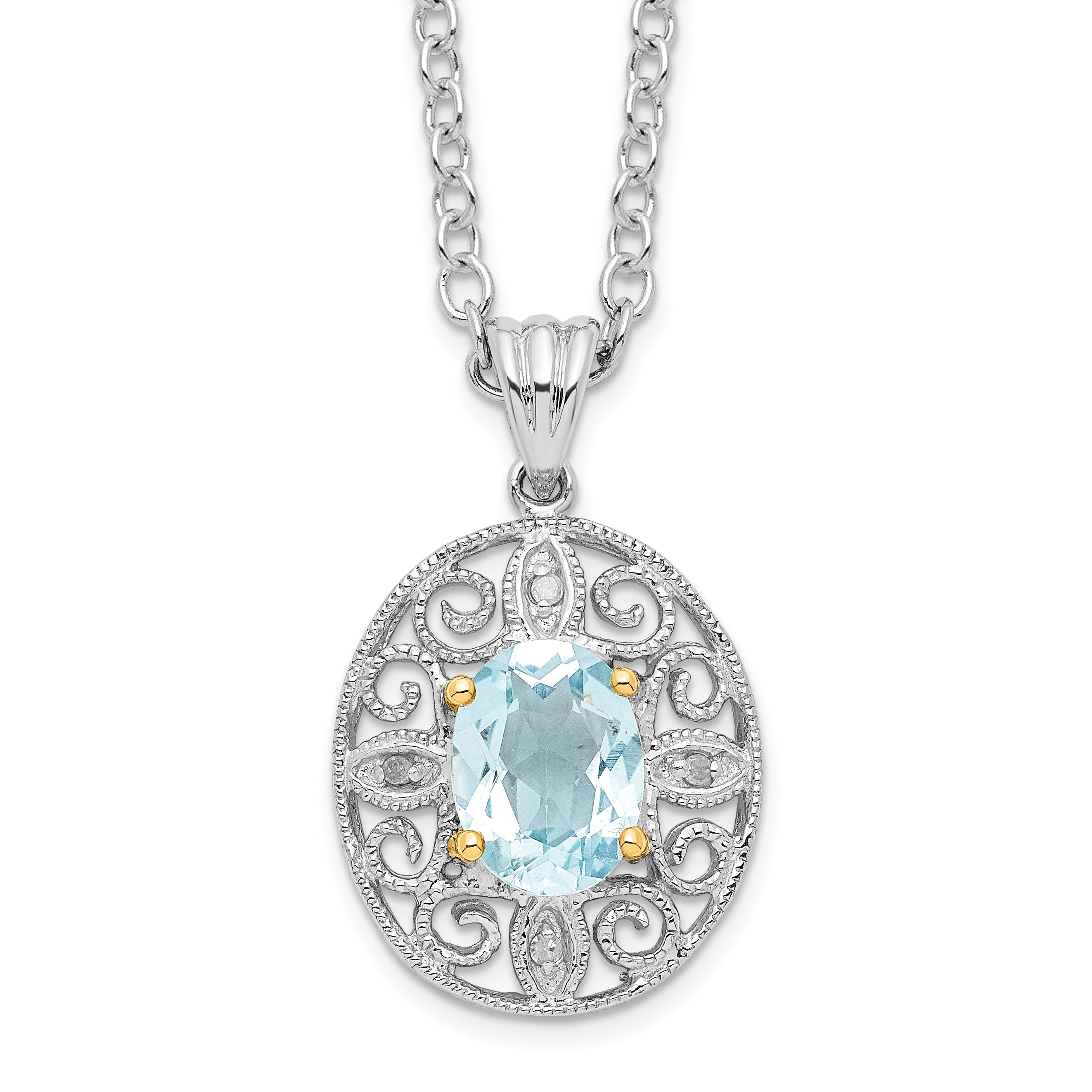 Brilliant Gemstones Sterling Silver with 14K Accent Rhodium-plated Sky Blue Topaz and Diamond 18 Inch Necklace with 2 Inch Extender Main image