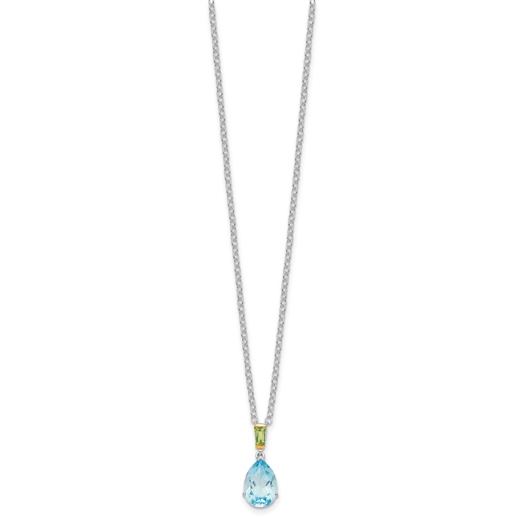 Brilliant Gemstones Sterling Silver with14K Accent Rhodium-plated Sky Blue Topaz and Peridot 18 Inch Necklace with 2 Inch Extender