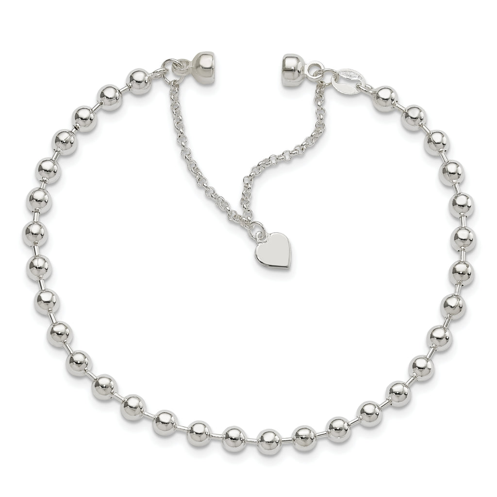 Sterling Silver Polished 4MM Beaded Dangling Heart 7.5 inch Charm Bracelet with Magnetic Clasp