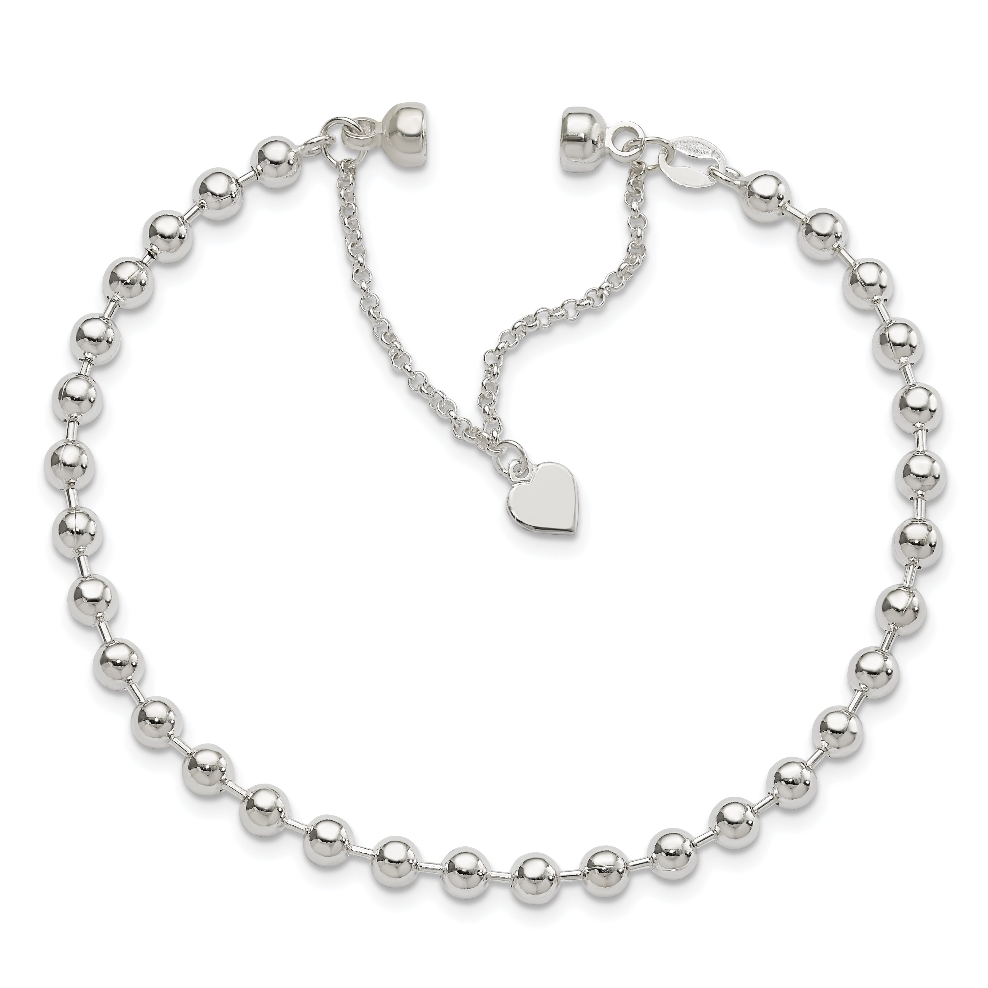 Sterling Silver Polished 4MM Beaded Dangling Heart 7.5 inch Charm Bracelet with Magnetic Clasp