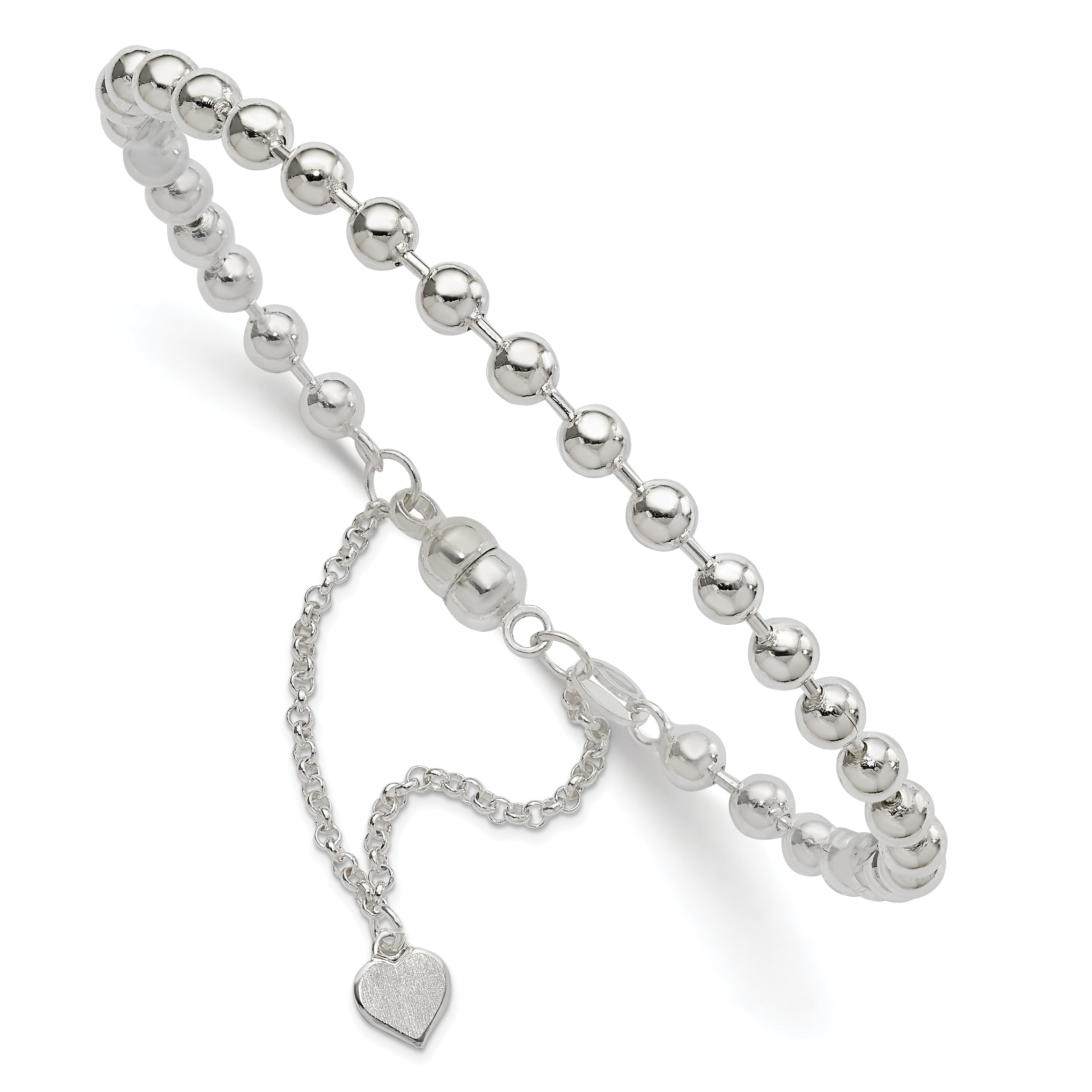 Sterling Silver Polished 4MM Beaded Dangling Heart 7.5 inch Charm Bracelet with Magnetic Clasp Main image
