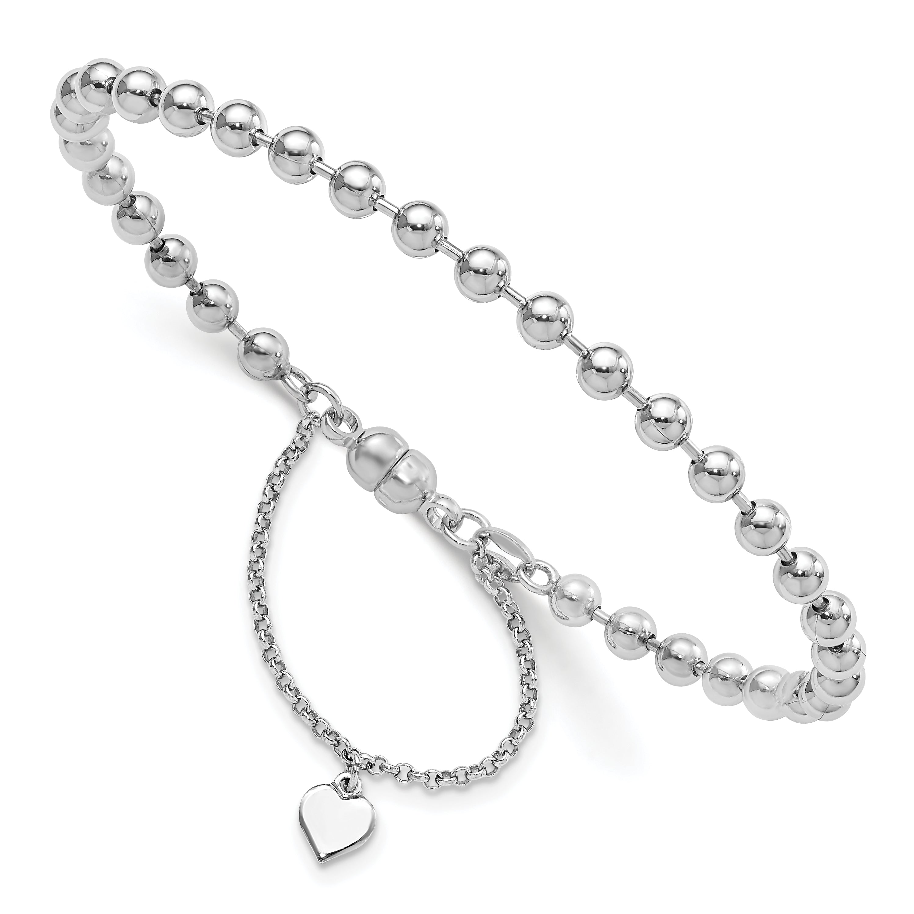 Amore La Vita Sterling Silver Rhodium-plated Polished 4MM Beaded Dangling Heart 7.5 inch Charm Bracelet with Magnetic Clasp Main image