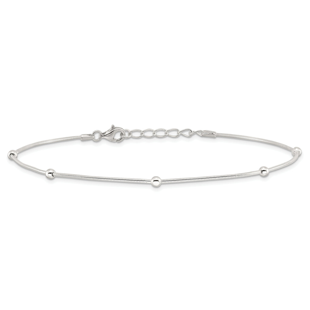 Sterling Silver Beads 5-Station 10 inch Plus 1.5 inch Extender - Total 11.5 inch Anklet