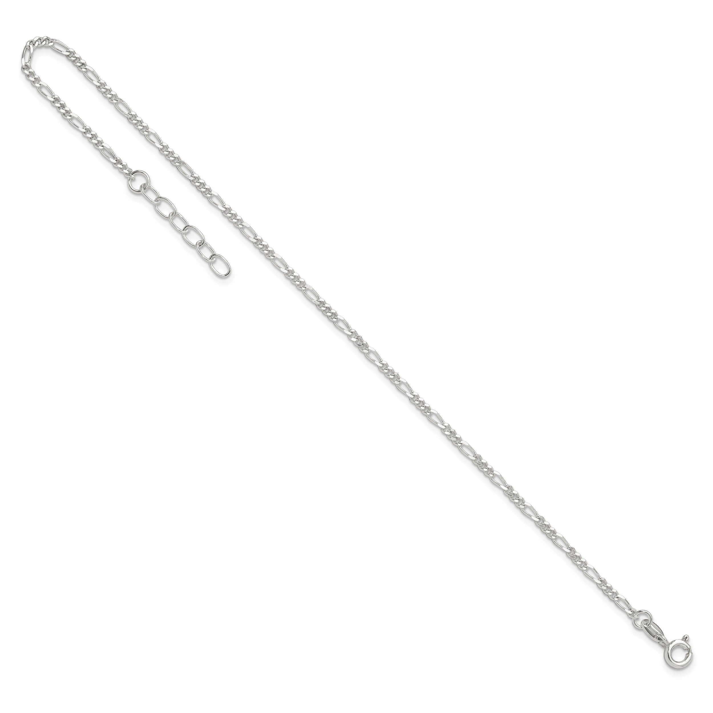 Sterling Silver Figaro Chain 9 inch Plus 1 inch Extender - Total 10 inch Anklet