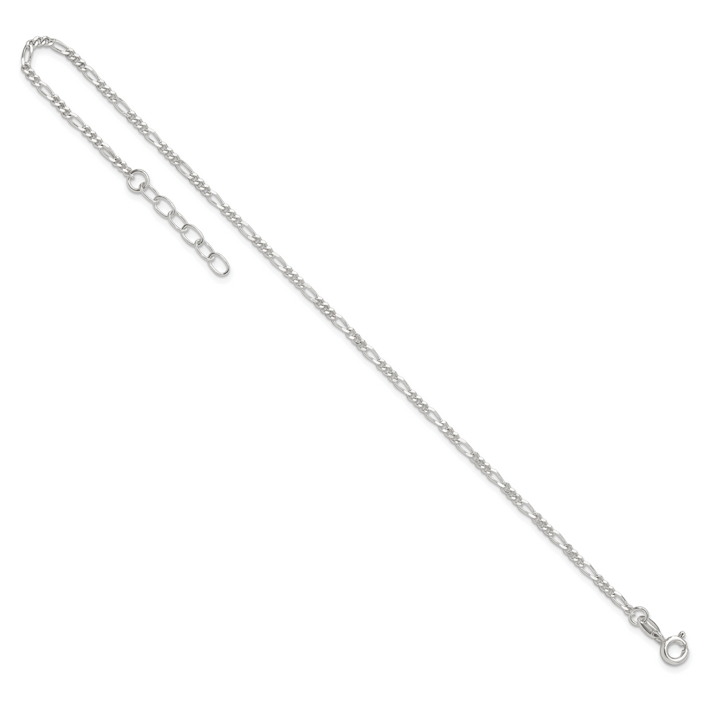 Sterling Silver Figaro Chain 9 inch Plus 1 inch Extender - Total 10 inch Anklet