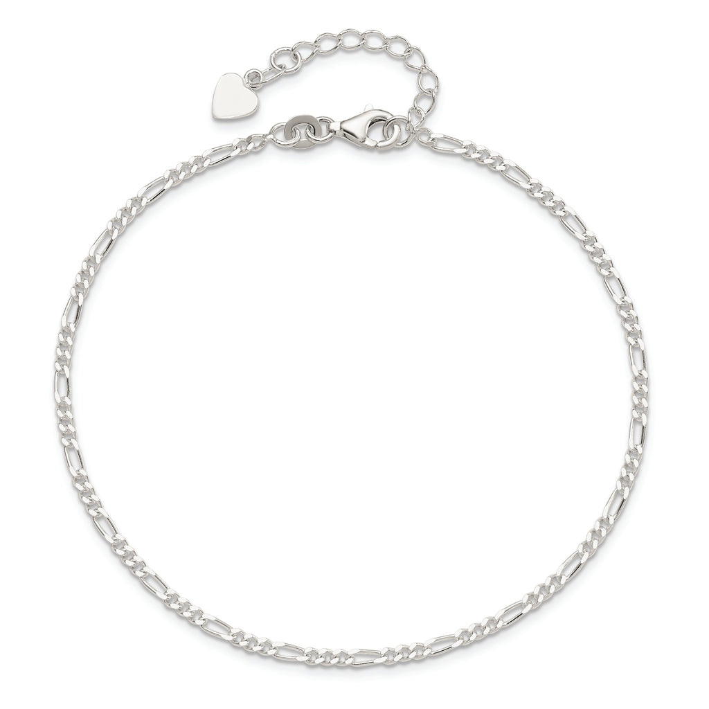 Sterling Silver Figaro Chain 10 inch Plus 1 inch Extender - Total 11 inch Anklet