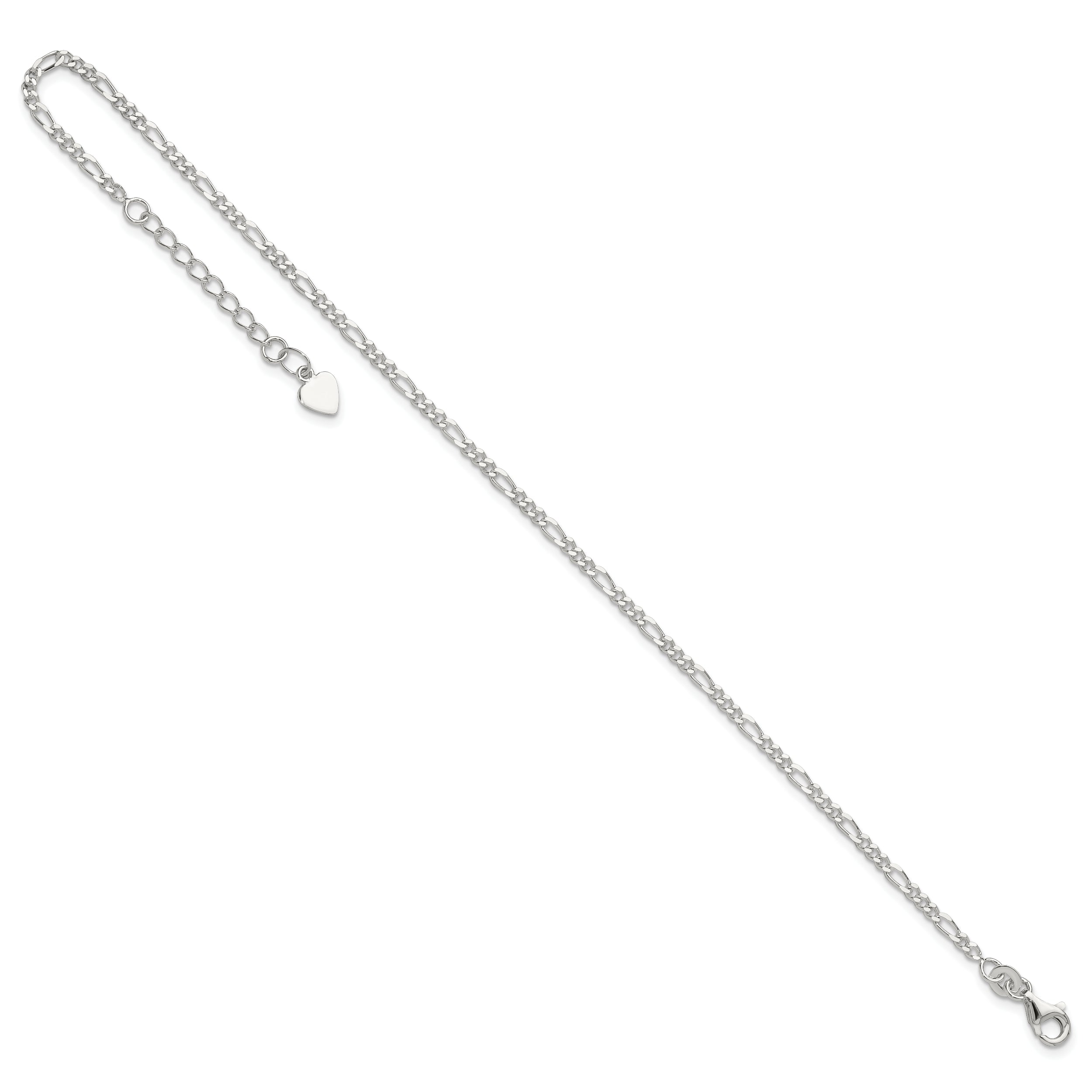 Sterling Silver Figaro Chain 9 inch Plus 1 inch Extender - Total 10 inch Anklet