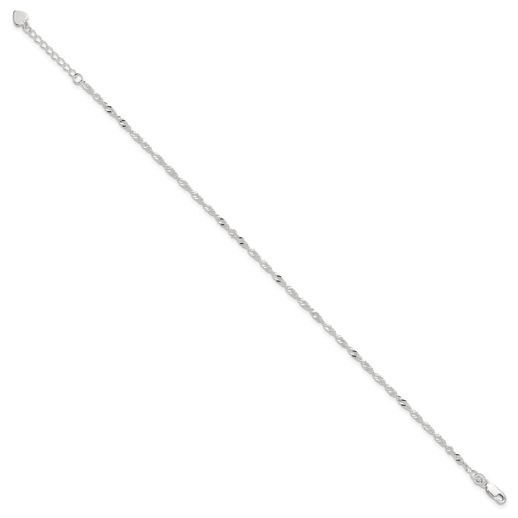 Sterling Silver 3mm Singapore Chain 10 inch Plus 1 inch Extender - Total 11 inch Anklet