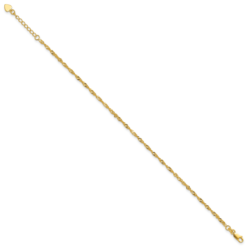 Sterling Silver Gold-tone 3mm Singapore Chain 9 inch Plus 1 inch Extender - Total 10 inch Anklet