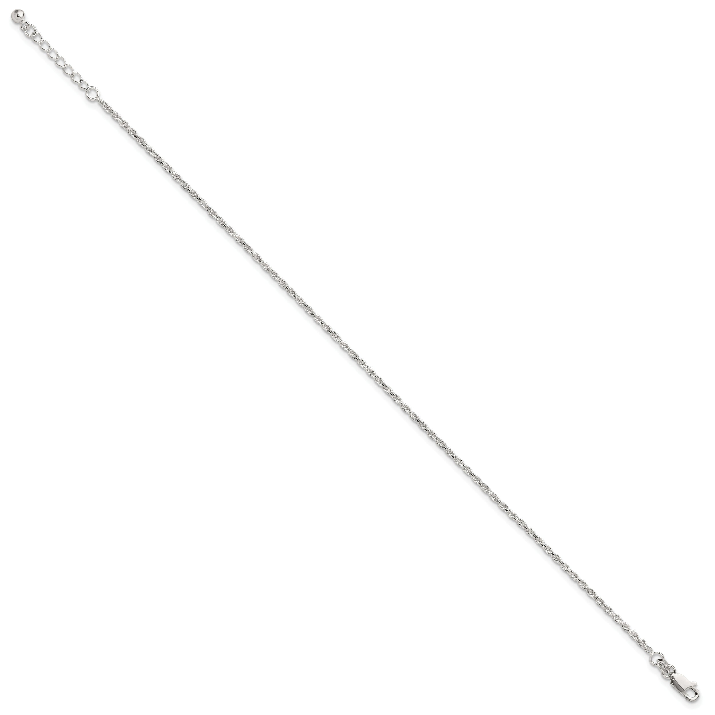 Sterling Silver 2mm Rope Chain 10 inch Plus 1 inch Extender - Total 11 inch Anklet