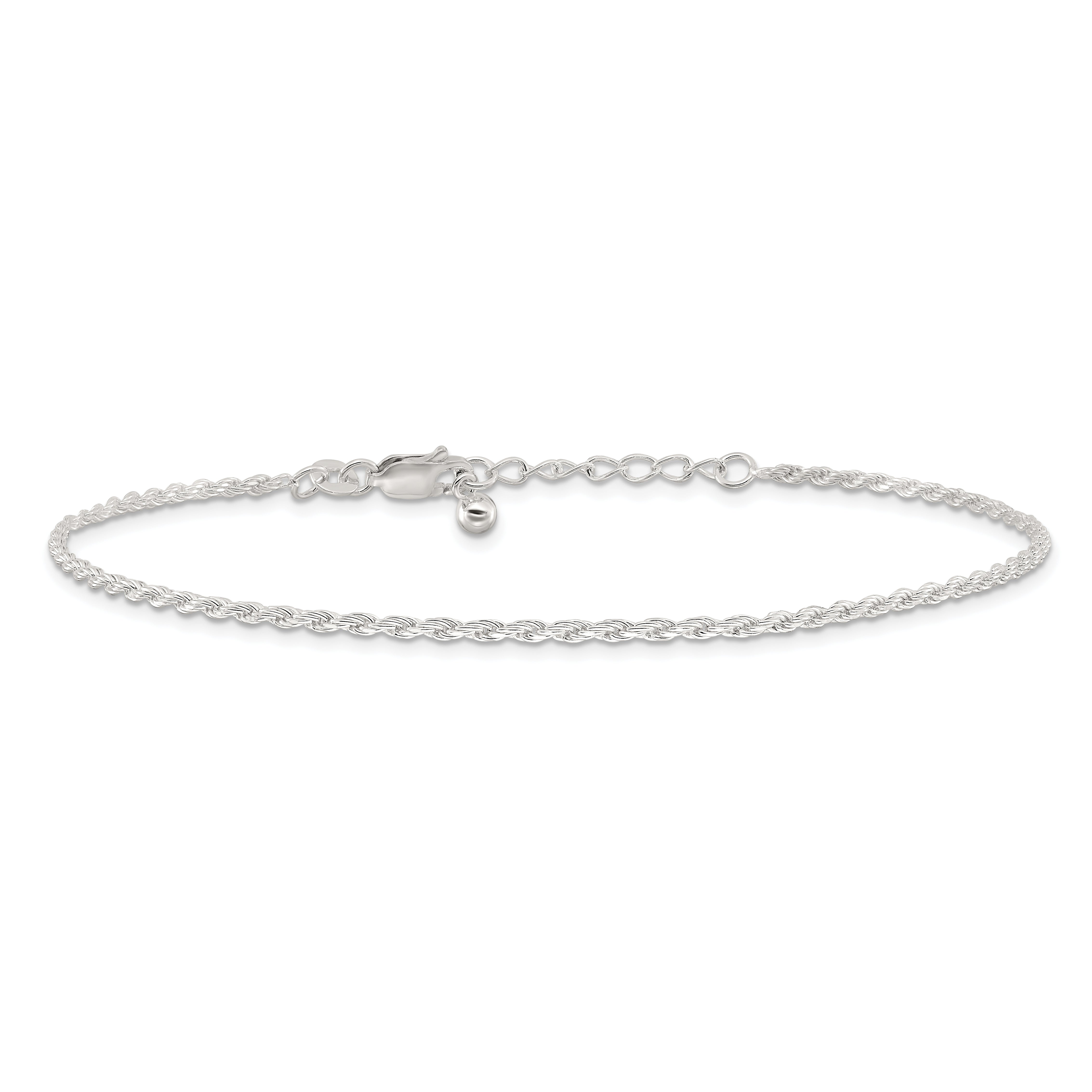 Sterling Silver 2mm Rope Chain 10 inch Plus 1 inch Extender - Total 11 inch Anklet