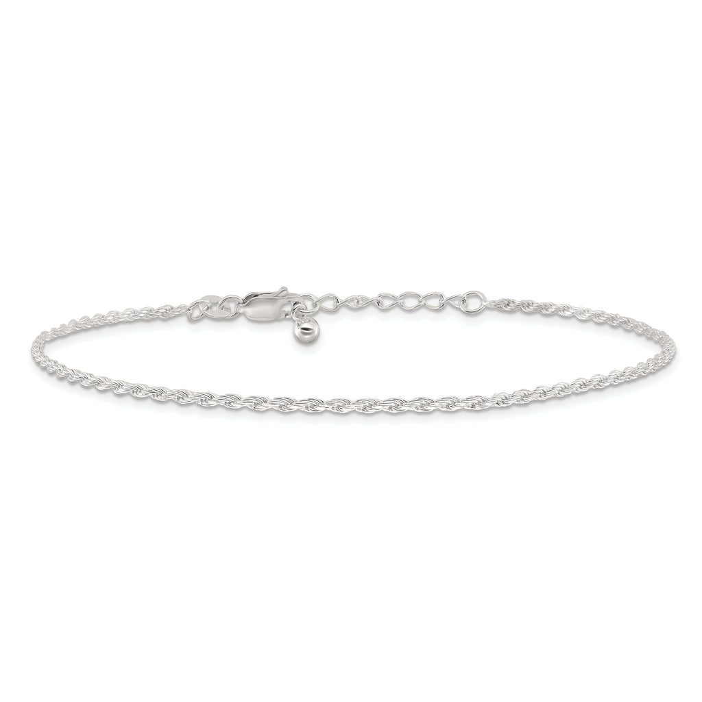 Sterling Silver 2mm Rope Chain 10 inch Plus 1 inch Extender - Total 11 inch Anklet