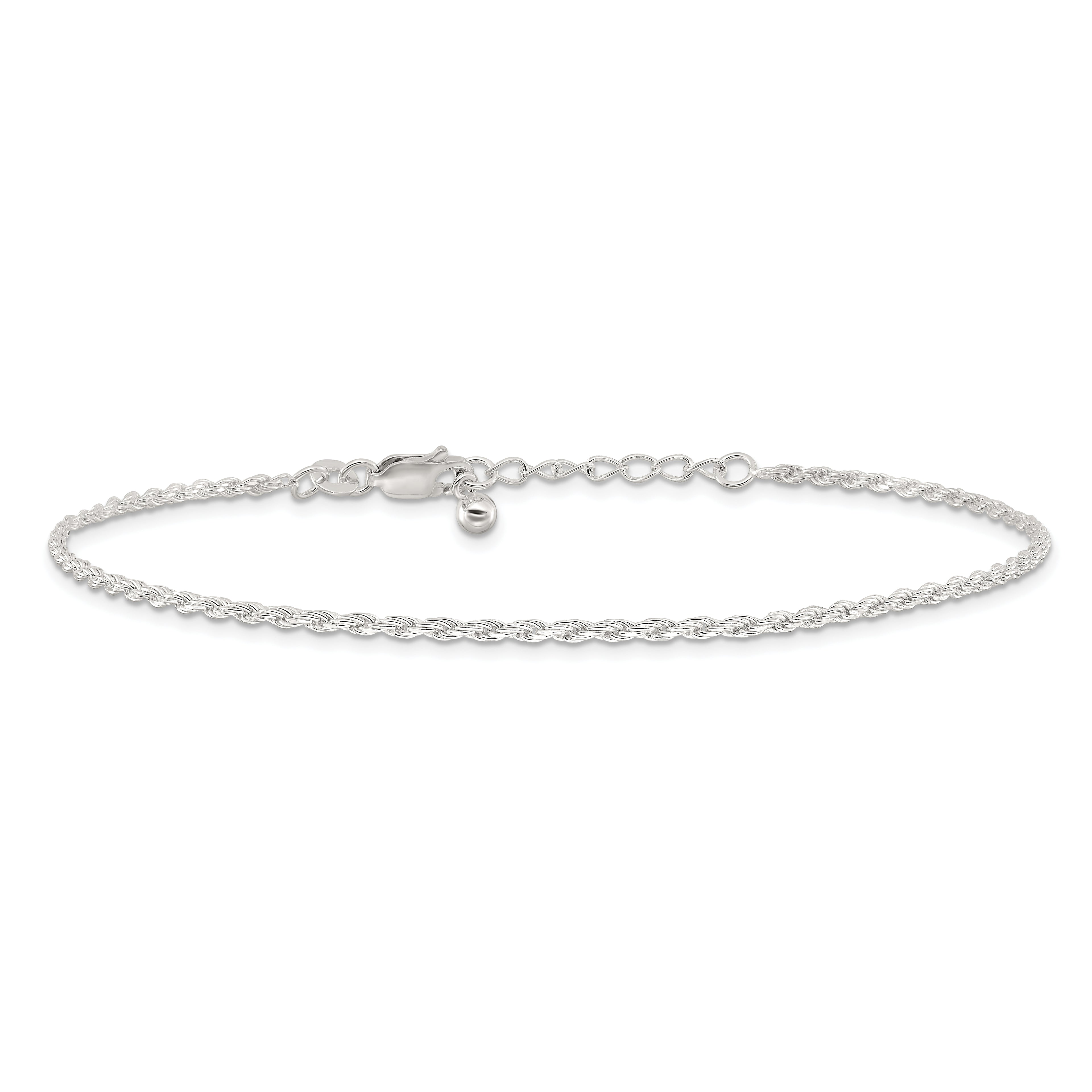 Sterling Silver 2mm Rope Chain 10 inch Plus 1 inch Extender - Total 11 inch Anklet