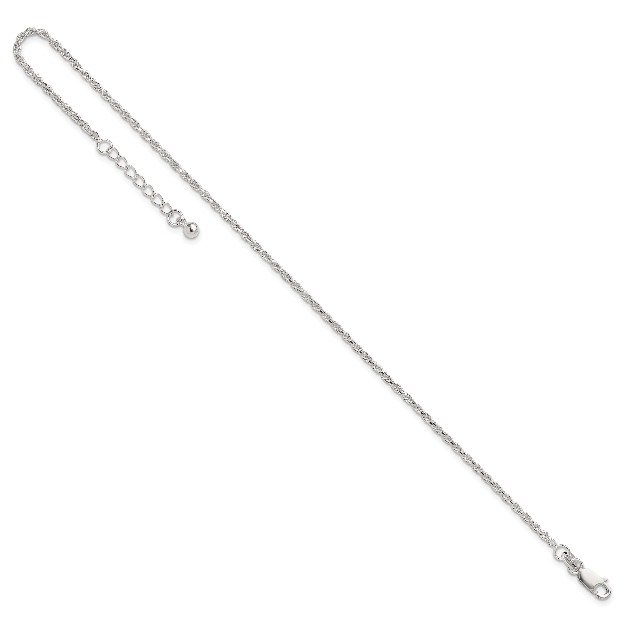 Sterling Silver 2mm Rope Chain 9 inch Plus 1 inch Extender - Total 10 inch Anklet
