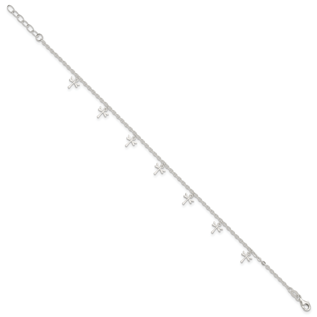 Sterling Silver Dragonfly Charms 10 inch Plus 1 inch Extender - Total 11 inch Anklet