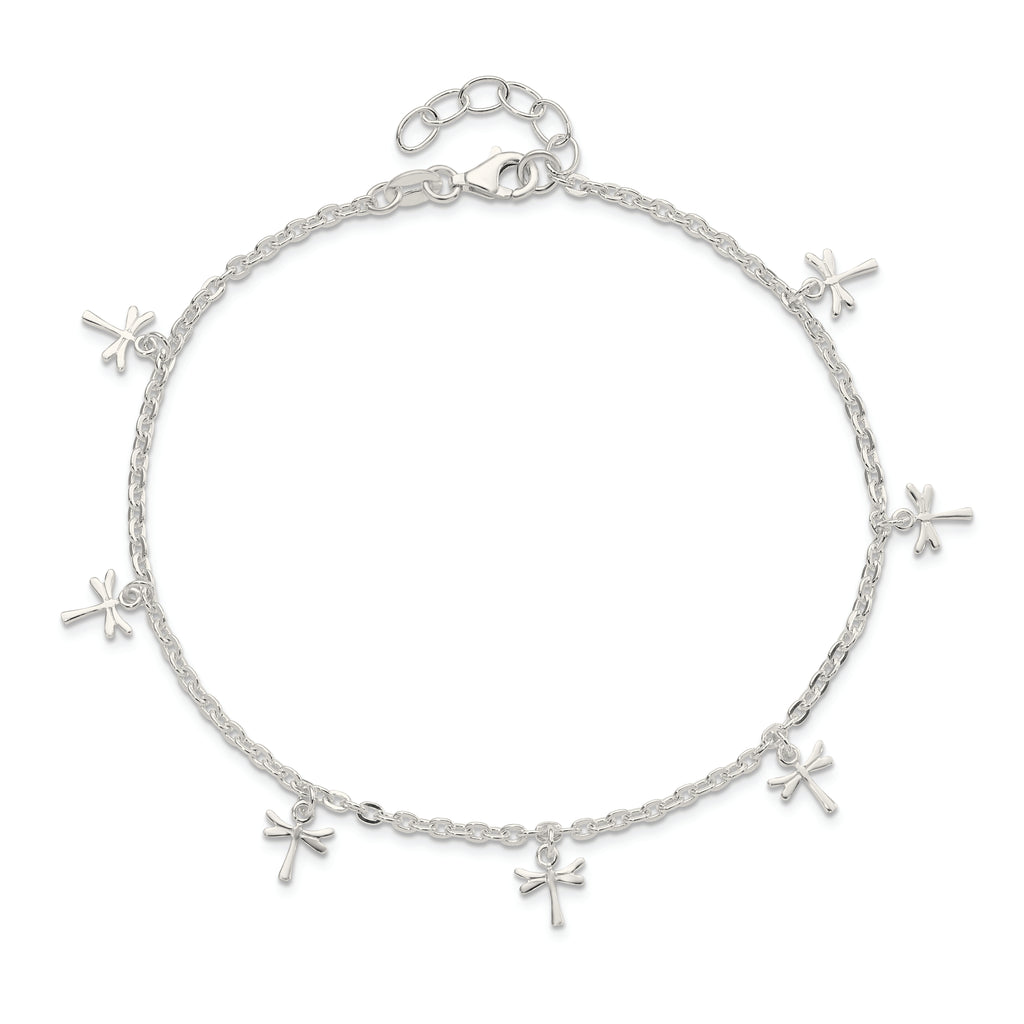 Sterling Silver Dragonfly Charms 10 inch Plus 1 inch Extender - Total 11 inch Anklet
