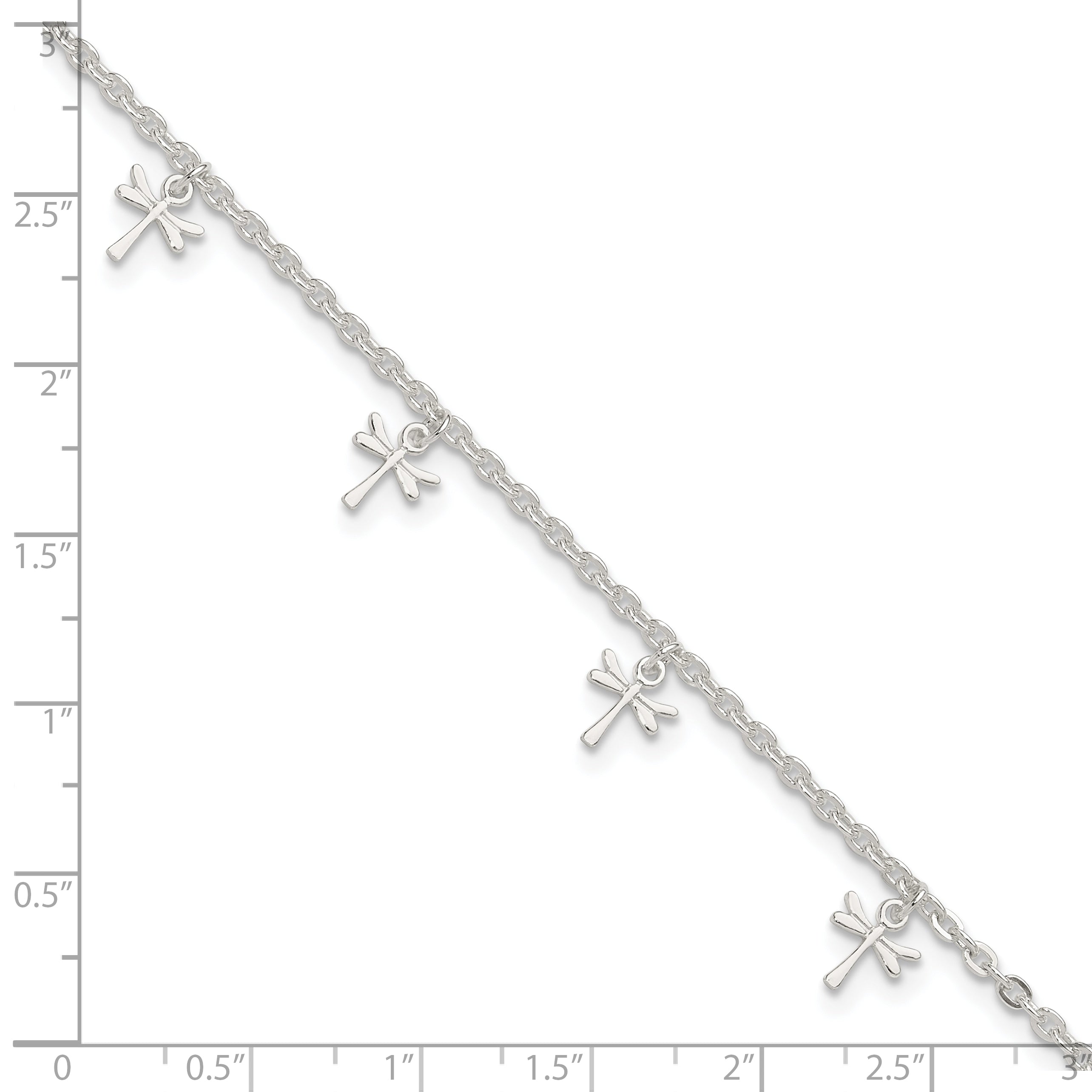 Sterling Silver Dragonfly Charms 9 inch Plus 1 inch Extender - Total 10 inch Anklet