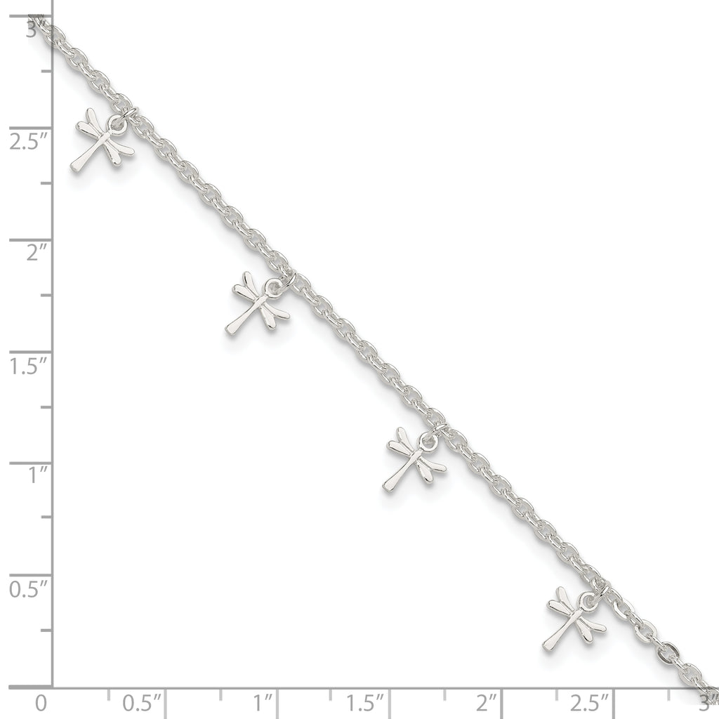 Sterling Silver Dragonfly Charms 9 inch Plus 1 inch Extender - Total 10 inch Anklet