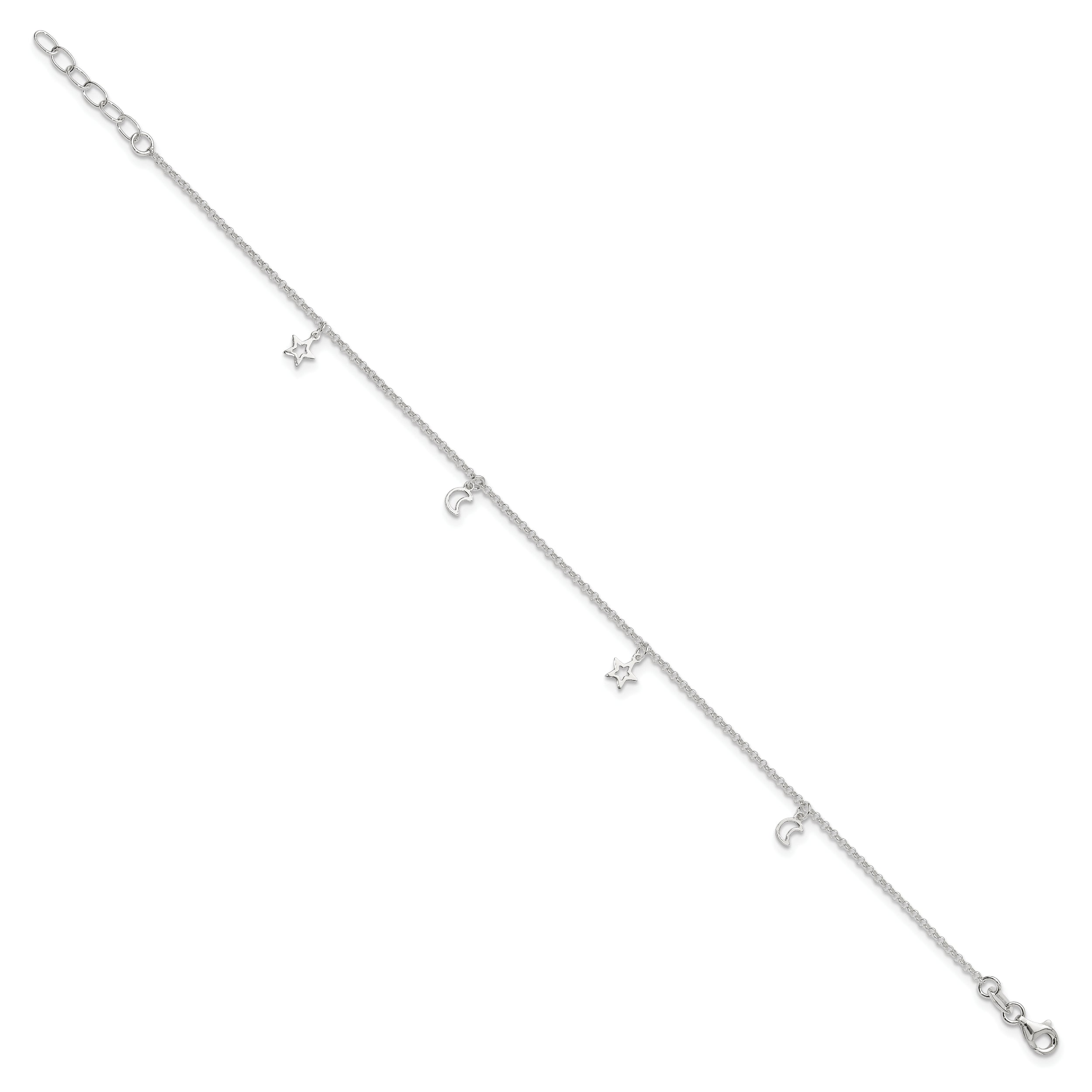 Sterling Silver Moon and Stars 9 inch Plus 1 inch Extender - Total 10 inch Anklet