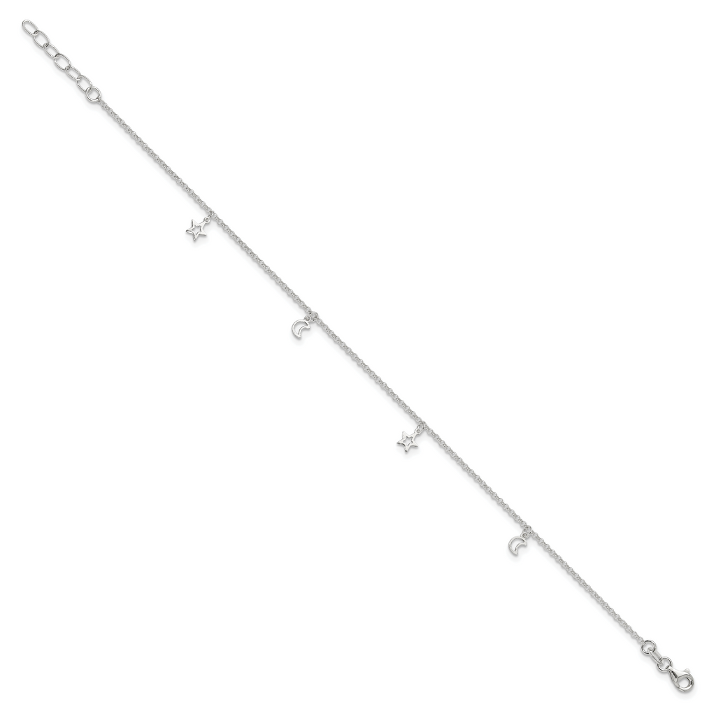 Sterling Silver Moon and Stars 9 inch Plus 1 inch Extender - Total 10 inch Anklet