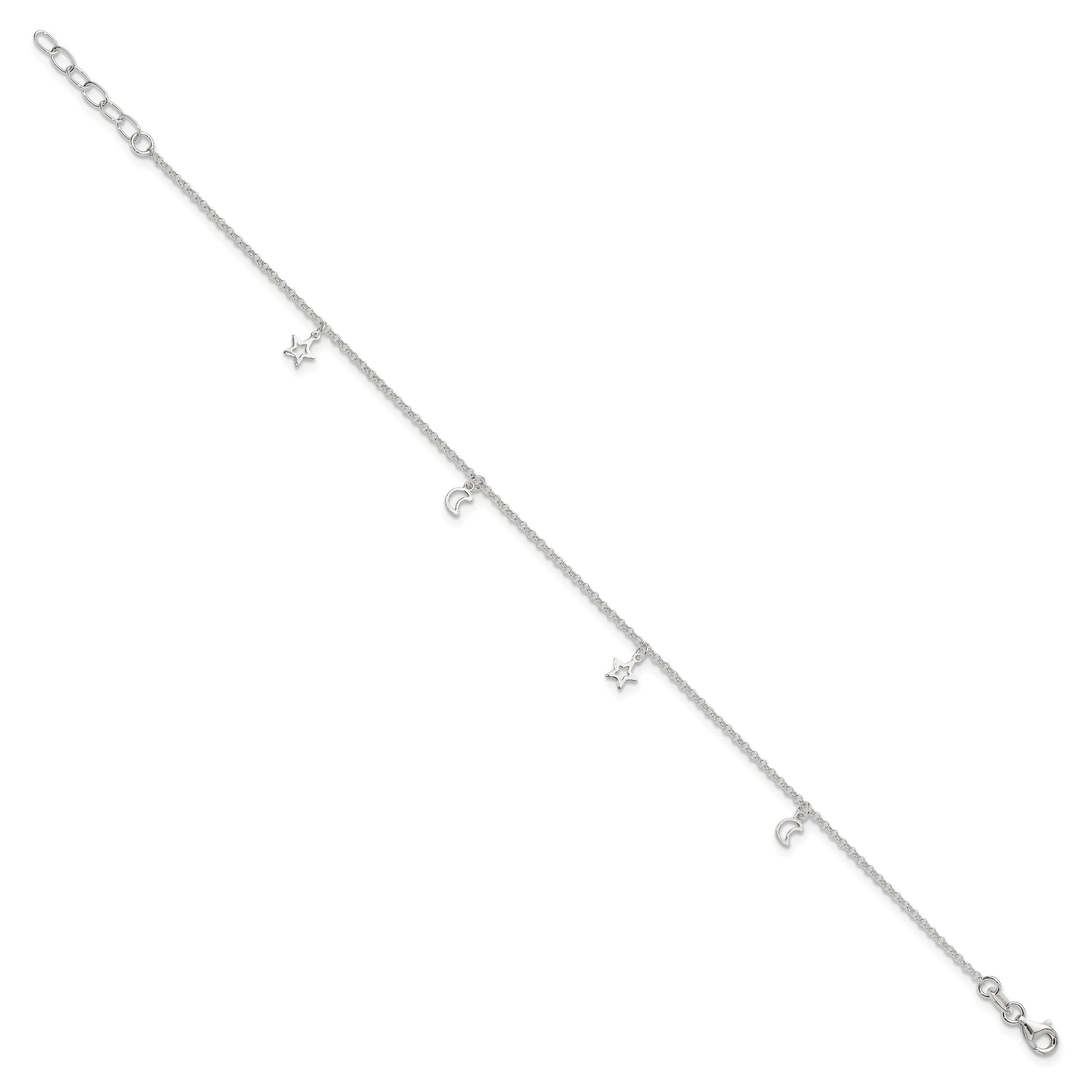 Sterling Silver Moon and Stars 9 inch Plus 1 inch Extender - Total 10 inch Anklet