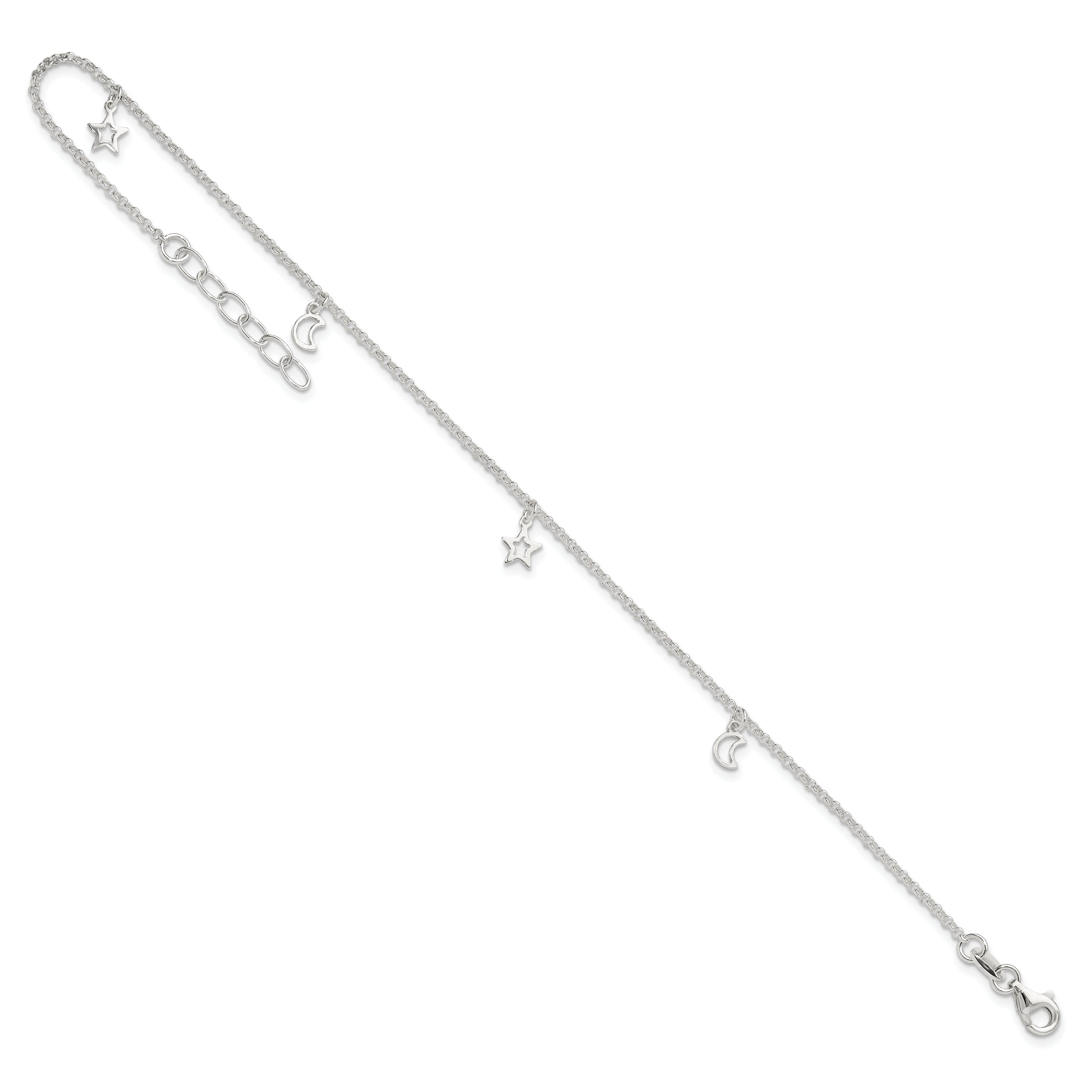 Sterling Silver Moon and Stars 9 inch Plus 1 inch Extender - Total 10 inch Anklet
